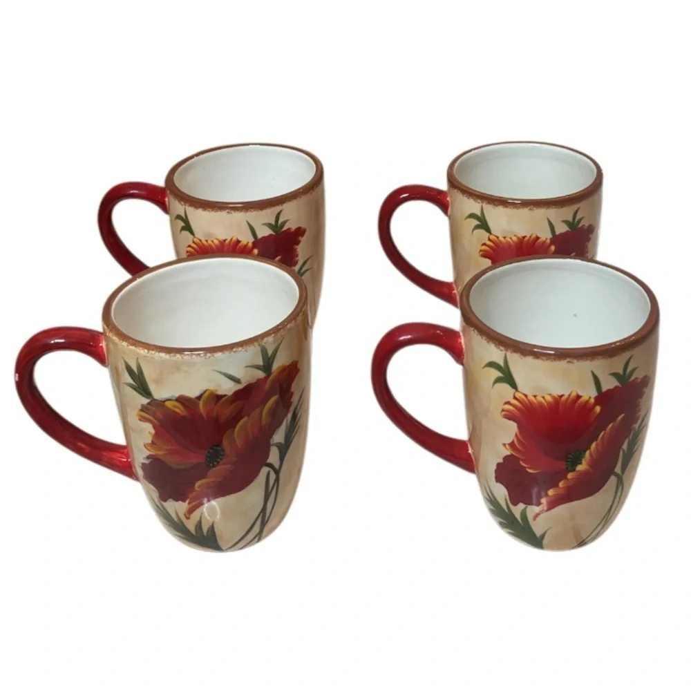 Pier 1 Poppies Mug 4 Piece Set Hand Painted Earthenware Replacements Red Floral